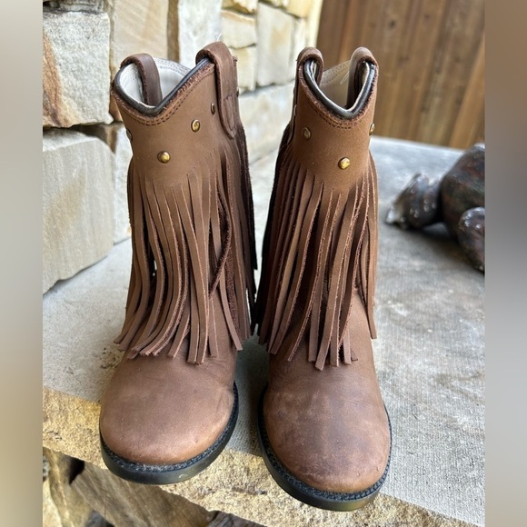 Old West leather round toe western brown fringe kids boots Sz-7.0D.   J - Picture 8 of 11